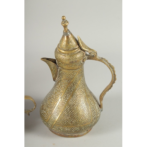 239 - THREE 19TH CENTURY IRANIAN ENGRAVED BRASS PIECES; comprising a twin handle vase / vessel with callig... 