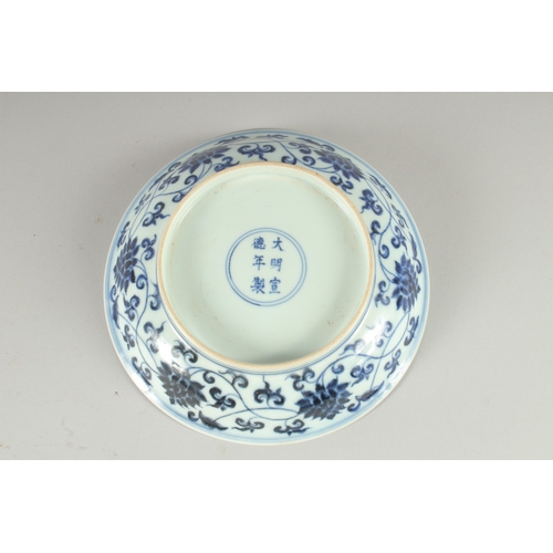 27 - A CHINESE BLUE AND WHITE PORCELAIN DISH, decorated with fruit and lotus, 19.5cm diameter.