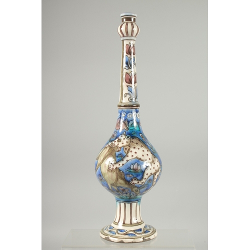 299 - A FINE 19TH CENTURY PERSIAN QAJAR GLAZED POTTERY BOTTLE VASE, painted with animals, (neck repair), 3... 