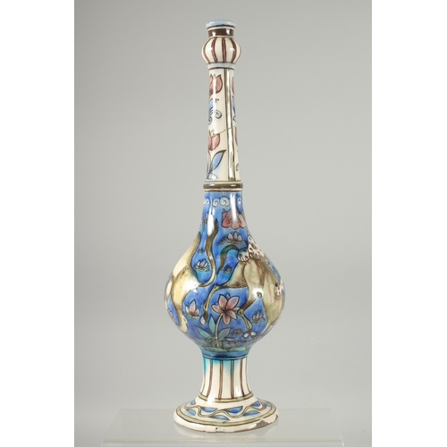 299 - A FINE 19TH CENTURY PERSIAN QAJAR GLAZED POTTERY BOTTLE VASE, painted with animals, (neck repair), 3... 