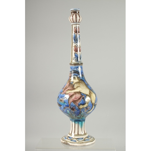 299 - A FINE 19TH CENTURY PERSIAN QAJAR GLAZED POTTERY BOTTLE VASE, painted with animals, (neck repair), 3... 