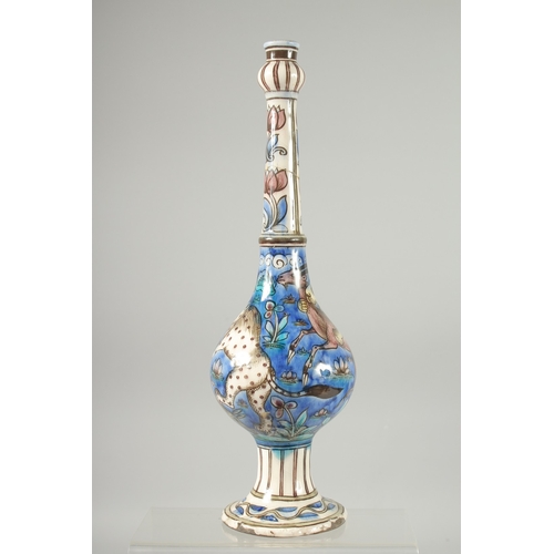 299 - A FINE 19TH CENTURY PERSIAN QAJAR GLAZED POTTERY BOTTLE VASE, painted with animals, (neck repair), 3... 