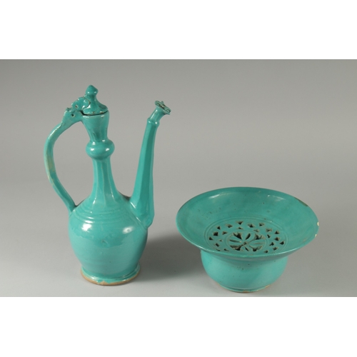 300 - A RARE 17TH-18TH CENTURY PERSAIN SAFAVID MONOCHROME TURQUOISE GLAZED POTTERY LIDDED EWER AND BASIN, ... 