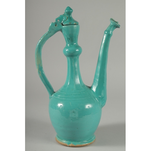 300 - A RARE 17TH-18TH CENTURY PERSAIN SAFAVID MONOCHROME TURQUOISE GLAZED POTTERY LIDDED EWER AND BASIN, ... 