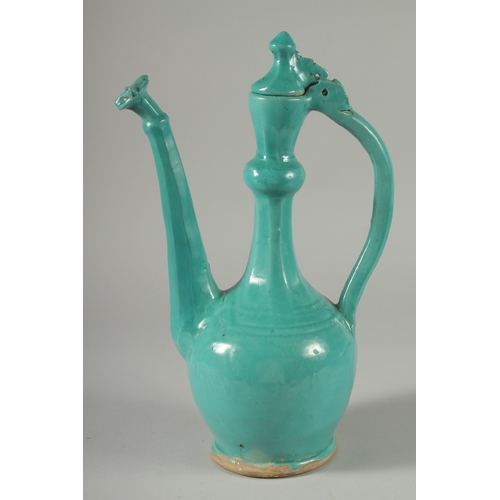 300 - A RARE 17TH-18TH CENTURY PERSAIN SAFAVID MONOCHROME TURQUOISE GLAZED POTTERY LIDDED EWER AND BASIN, ... 