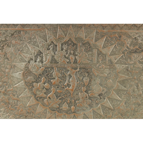 302 - A VERY LARGE PERSIAN ISFAHAN EMBOSSED AND CHASED TINNED COPPER RECTANGULAR TRAY, with a central reli... 