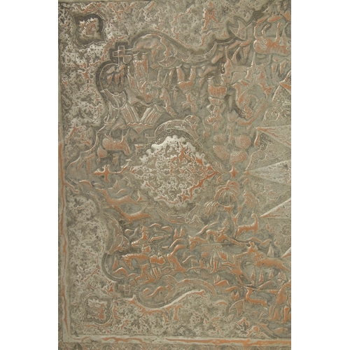 302 - A VERY LARGE PERSIAN ISFAHAN EMBOSSED AND CHASED TINNED COPPER RECTANGULAR TRAY, with a central reli... 