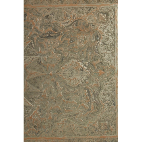 302 - A VERY LARGE PERSIAN ISFAHAN EMBOSSED AND CHASED TINNED COPPER RECTANGULAR TRAY, with a central reli... 