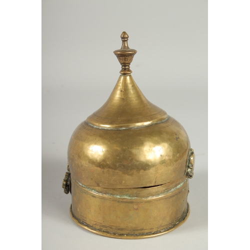 303 - A RAJASTHANI MUGHAL COPPER LIDDED CIRCUALR CADDY BOX, 19cm high, 12.5cm diameter.