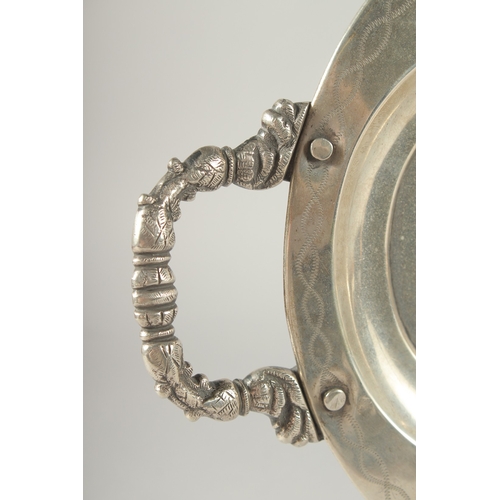 304 - A FINE SIGNED IRAQI NIELLO SILVER TWIN HANDLED TRAY, stamped to the centre, 53cm x 32cm.