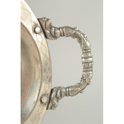 304 - A FINE SIGNED IRAQI NIELLO SILVER TWIN HANDLED TRAY, stamped to the centre, 53cm x 32cm.