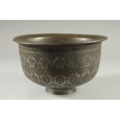 306 - A 16TH-17TH CENTURY SIGNED SAFAVID TINNED COPPER BOWL, engraved with decorative floral motifs, 25.5c... 