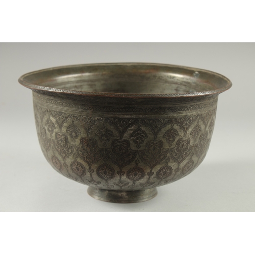 306 - A 16TH-17TH CENTURY SIGNED SAFAVID TINNED COPPER BOWL, engraved with decorative floral motifs, 25.5c... 