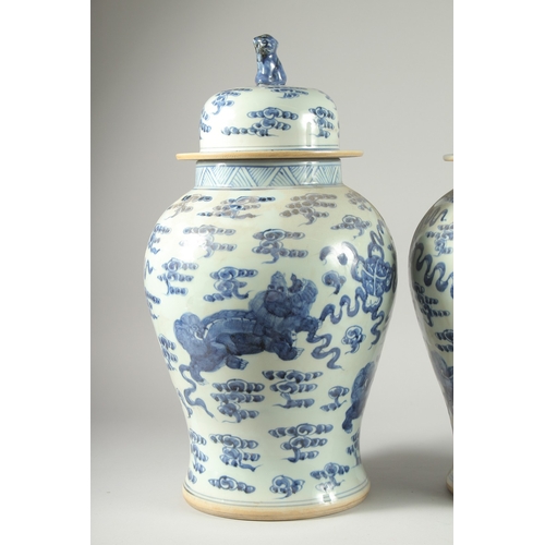 31 - A LARGE PAIR OF CHINESE BLUE AND WHITE PORCELAIN JARS AND COVERS, decorated with foo dogs, 53cm high... 