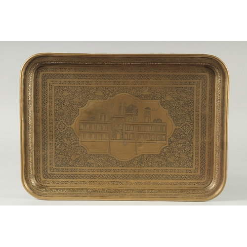 310 - A FINE 19TH-20TH CENTURY PERSIAN QAJAR ENGRAVED BRASS TRAY, depicting a mosque with inscription, 46c... 