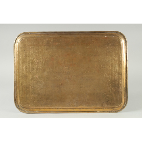 310 - A FINE 19TH-20TH CENTURY PERSIAN QAJAR ENGRAVED BRASS TRAY, depicting a mosque with inscription, 46c... 