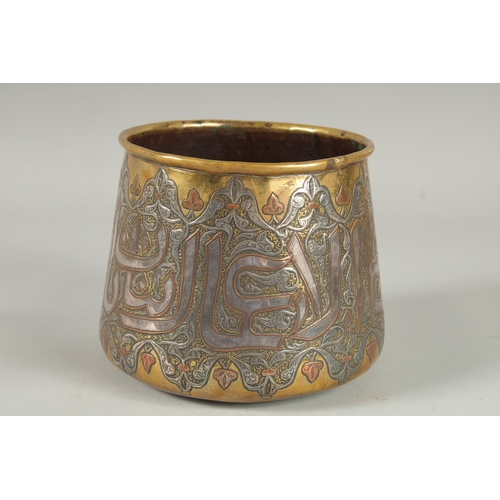 313 - A VERY FINE 19TH CENTURY SYRIAN DAMASCUS MAMLUK REVIVAL SILVER SILVER AND COPPER INLAID BRASS BOWL, ... 