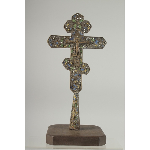 315 - A FINE 18TH CENTURY OTTOMAN ARMINIAN OR BALKANS ENAMELLED CROSS on a later wooden stand, cross 26cm ... 