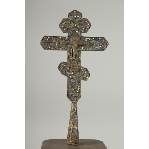 315 - A FINE 18TH CENTURY OTTOMAN ARMINIAN OR BALKANS ENAMELLED CROSS on a later wooden stand, cross 26cm ... 