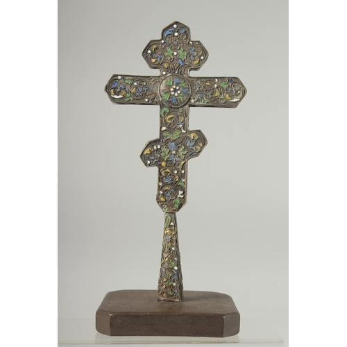 315 - A FINE 18TH CENTURY OTTOMAN ARMINIAN OR BALKANS ENAMELLED CROSS on a later wooden stand, cross 26cm ... 