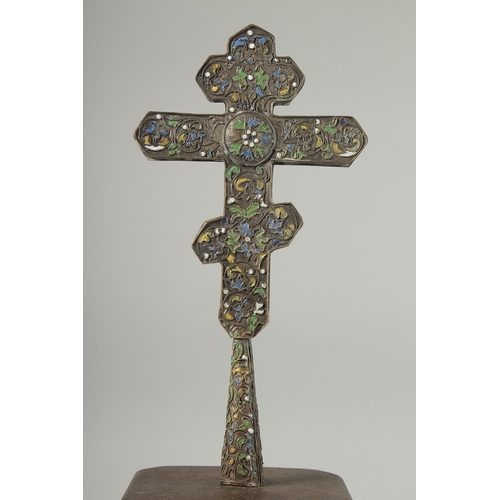 315 - A FINE 18TH CENTURY OTTOMAN ARMINIAN OR BALKANS ENAMELLED CROSS on a later wooden stand, cross 26cm ... 