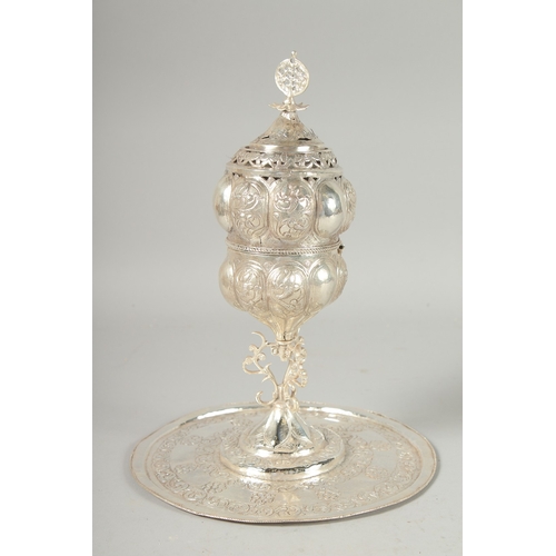 320 - A FINE LARGE 18TH-19TH CENTURY OTTOMAN TURKISH WHITE METAL INCENSE BURNER, 26cm high.