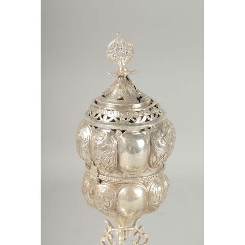 320 - A FINE LARGE 18TH-19TH CENTURY OTTOMAN TURKISH WHITE METAL INCENSE BURNER, 26cm high.