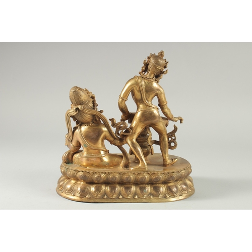 42 - A LARGE GILT BRONZE FIGURE OF TWO DEITIES ON AN OVAL DOUBLE-LOTUS BASE, 28cm wide.