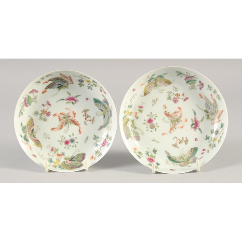 47 - A PAIR OF CHINESE FAMILLE ROSE PORCELAIN BUTTERFLY SAUCERS, six-character mark to base, 13.5cm diame... 