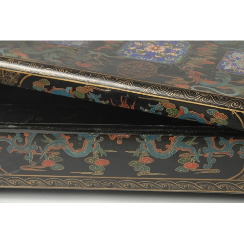 472 - A LARGE CHINESE BLACK LACQUERED WOOD RECTANGULAR BOX, painted with panels of foliate motifs and bats... 