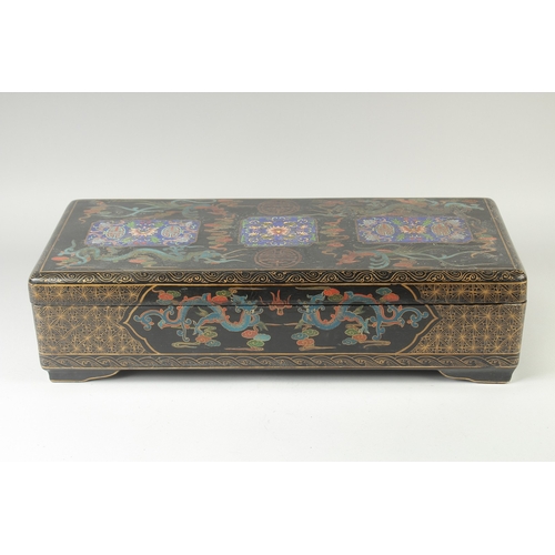 472 - A LARGE CHINESE BLACK LACQUERED WOOD RECTANGULAR BOX, painted with panels of foliate motifs and bats... 