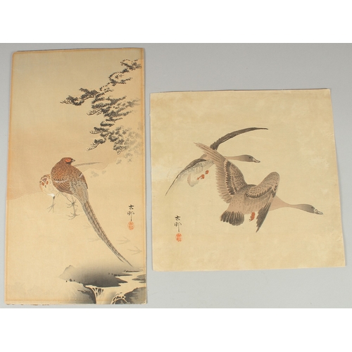 62 - KOSON OHARA (1877-1945): GEESE FLYING, PHEASANT IN THE SNOW; two original early 20th century Japanes... 