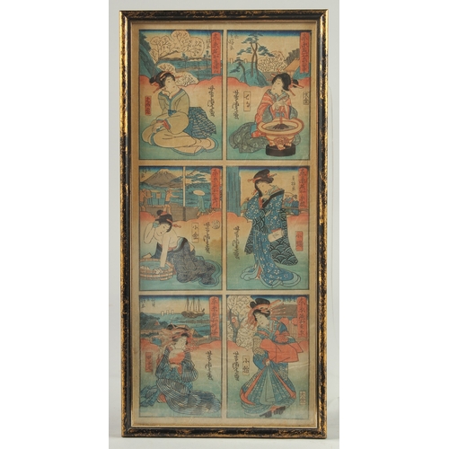 67 - A JAPANESE SIX-PANEL ORIGINAL WOODBLOCK PRINT, framed and glazed, 35cm x 16cm.