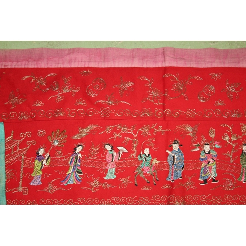 73 - A LATE 19TH - EARLY 20TH CENTURY CHINESE TEXTILE BANNER / ALTAR CLOTH, embroidered with various figu... 