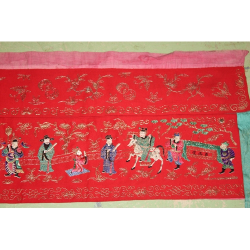 73 - A LATE 19TH - EARLY 20TH CENTURY CHINESE TEXTILE BANNER / ALTAR CLOTH, embroidered with various figu... 