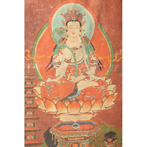 74 - A TIBETAN THANGKA MOUNTED ON SILK.