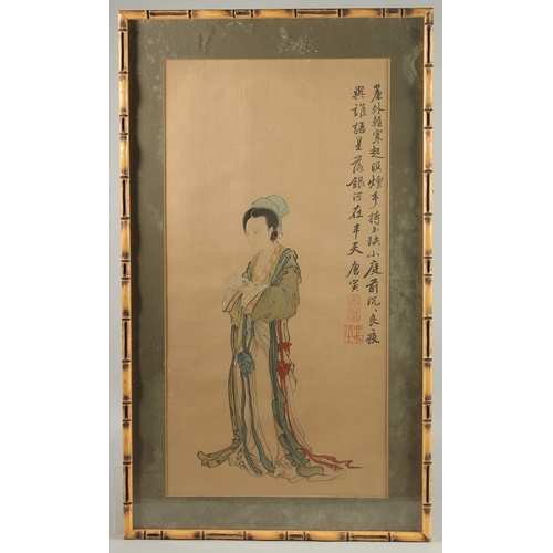 79 - A CHINESE PICTURE ON SILK, depicting a robed female figure, with calligraphy inscription to the top ... 