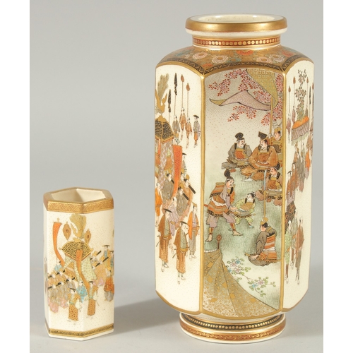 83 - TWO FINE JAPANESE SATSUMA VASES, the larger painted with panels of scenes with various figures and h... 