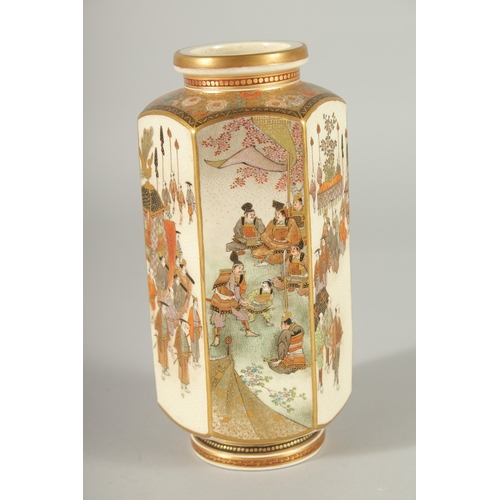 83 - TWO FINE JAPANESE SATSUMA VASES, the larger painted with panels of scenes with various figures and h... 