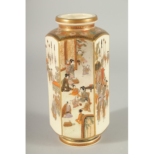 83 - TWO FINE JAPANESE SATSUMA VASES, the larger painted with panels of scenes with various figures and h... 