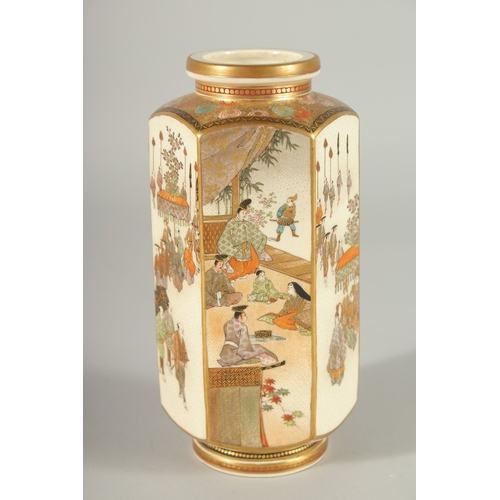 83 - TWO FINE JAPANESE SATSUMA VASES, the larger painted with panels of scenes with various figures and h... 