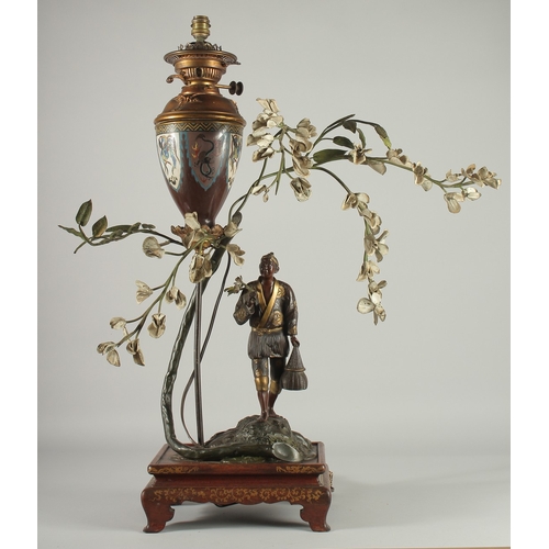 85 - A FINE AND LARGE JAPANESE MEIJI BRONZE AND CLOISONNE FIGURAL LAMP, with okimono of a man holding a b... 