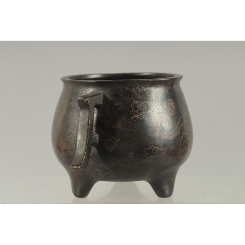 87 - A CHINESE SILVER WIRE INLAID BRONZE TWIN HANDLE CENSER, the inlay depicting chilong, mark to base 'S... 