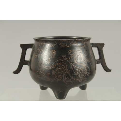 87 - A CHINESE SILVER WIRE INLAID BRONZE TWIN HANDLE CENSER, the inlay depicting chilong, mark to base 'S... 