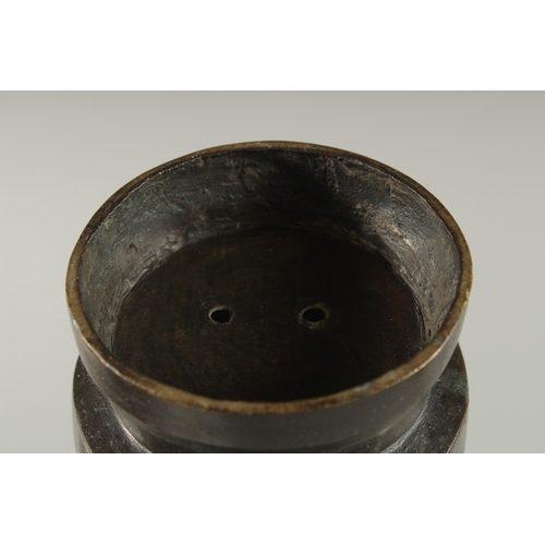 90 - A CHINESE BRONZE VASE WITH TWIN CHILONG HANDLES, with archaic style mask decoration, 28cm high.