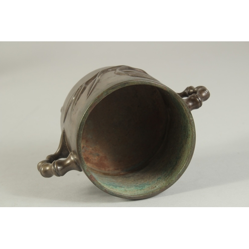 91 - AN 18TH-19TH CENTURY CHINESE BAMBOO DESIGN BRONZE CENSER, with bamboo-form twin handles and raised o... 