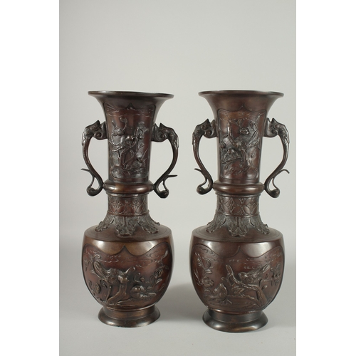 93 - A LARGE PAIR OF JAPANESE BRONZE TWIN HANDLE VASES, with relief decoration depicting birds on branche... 