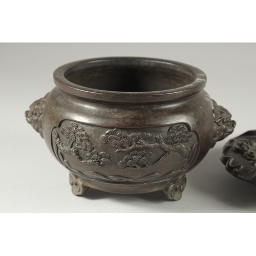 39 - A CHINESE ARCHAIC STYLE BRONZE CENSER WITH CARVED JADE MOUNTED HARDWOOD COVER, on a fitted hardwood ... 