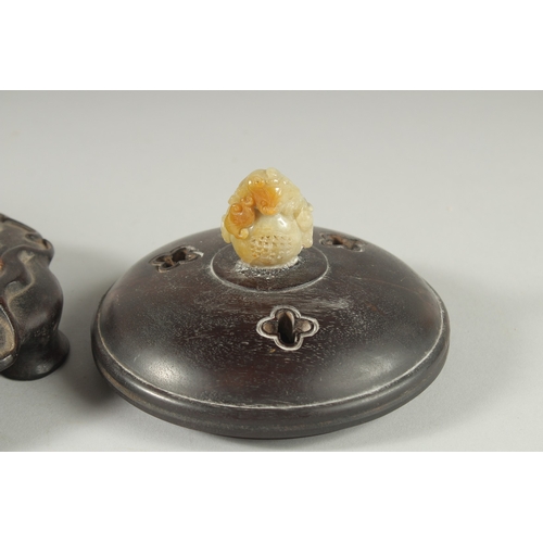 39 - A CHINESE ARCHAIC STYLE BRONZE CENSER WITH CARVED JADE MOUNTED HARDWOOD COVER, on a fitted hardwood ... 