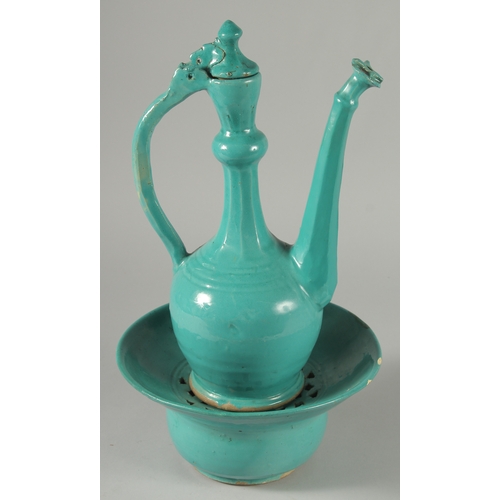 300 - A RARE 17TH-18TH CENTURY PERSAIN SAFAVID MONOCHROME TURQUOISE GLAZED POTTERY LIDDED EWER AND BASIN, ... 